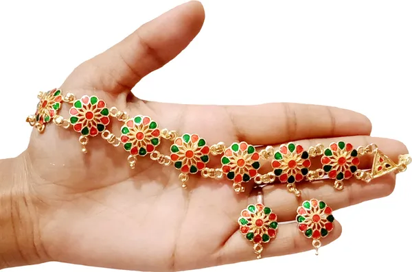Assamese_Traditional_Gold_Plated_Red_Green_Colour_Golpata_Necklace_Jewellery_Set_For_Women